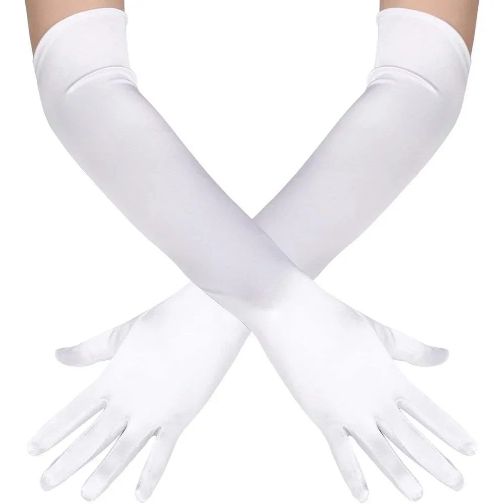 Women's White Vintage Satin Long Gloves Party Costume Stretchy Elbow Length